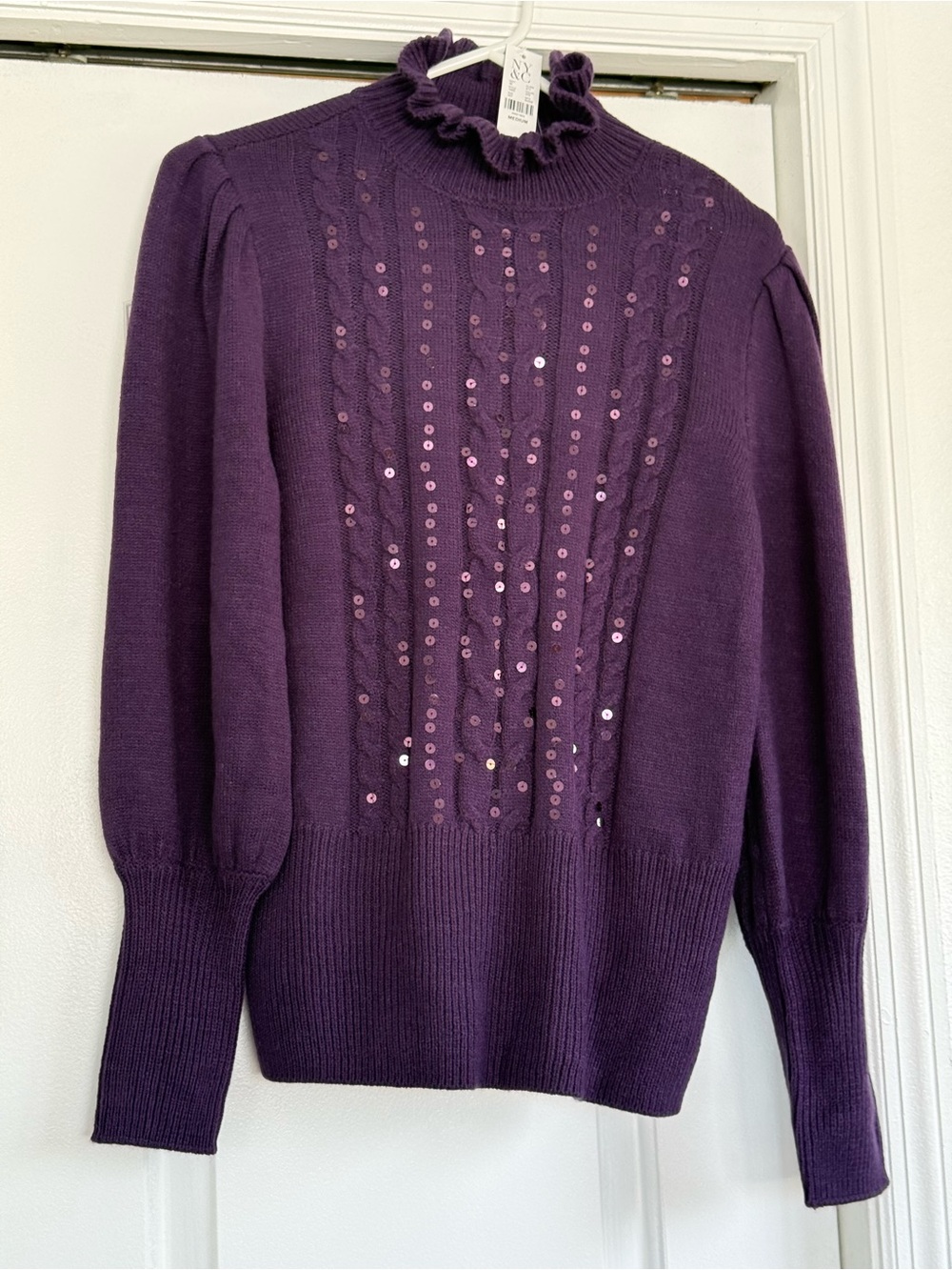 New York & Company Purple Sequin Cable-Front Ruffle Mock-Neck Sweater